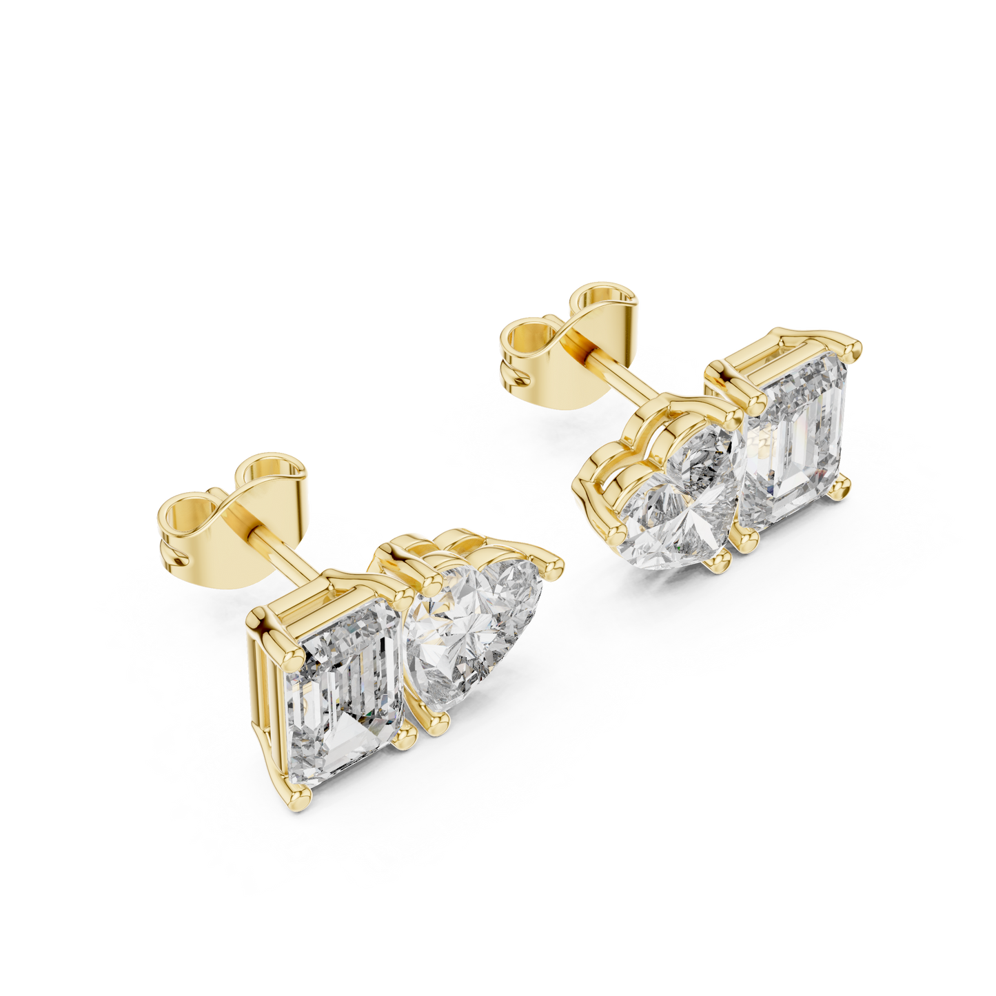 Exclusive Two-Stone Diamond Earrings | Heart & Emerald Cut Design - Couture Heart & Emerald Diamond Stud Earrings | Luxury Bridal Jewelry