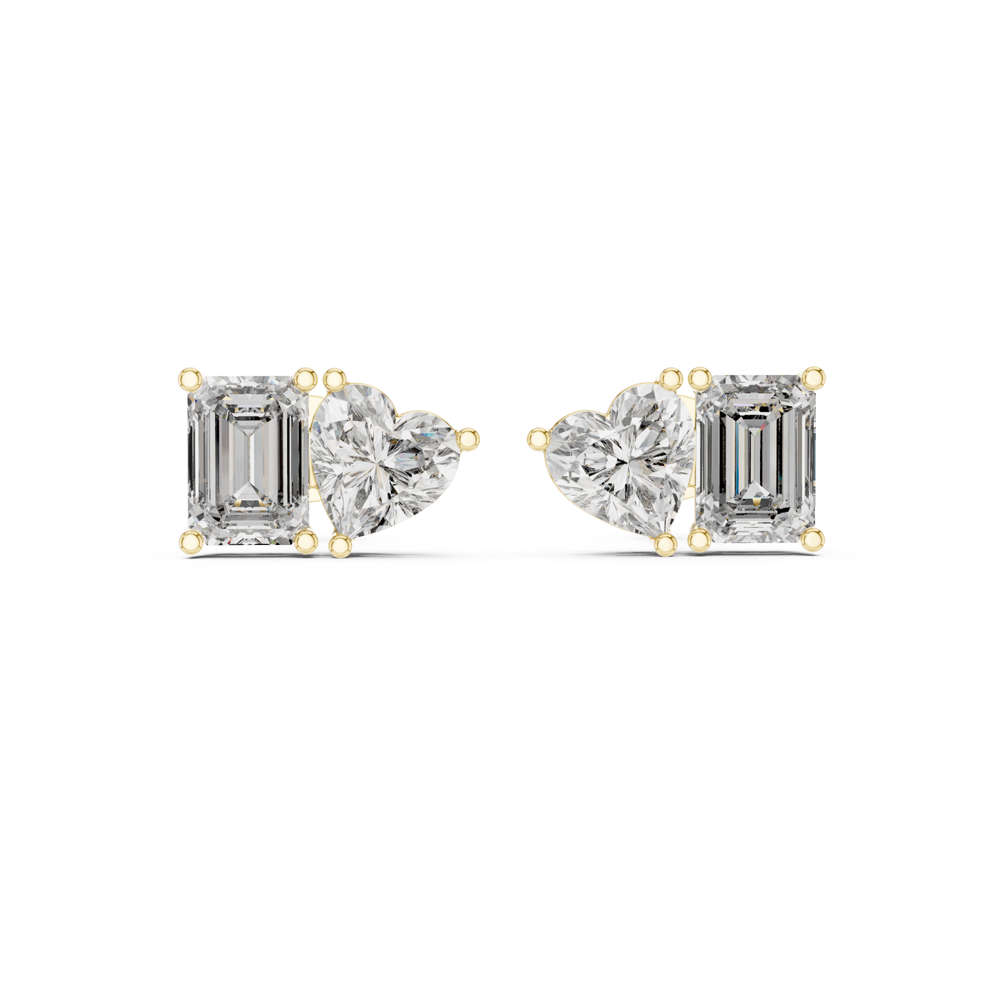 Exclusive Two-Stone Diamond Earrings | Heart & Emerald Cut Design - Couture Heart & Emerald Diamond Stud Earrings | Luxury Bridal Jewelry