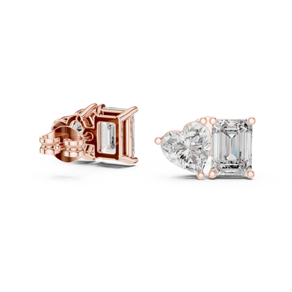 Exclusive Two-Stone Diamond Earrings | Heart & Emerald Cut Design - Couture Heart & Emerald Diamond Stud Earrings | Luxury Bridal Jewelry