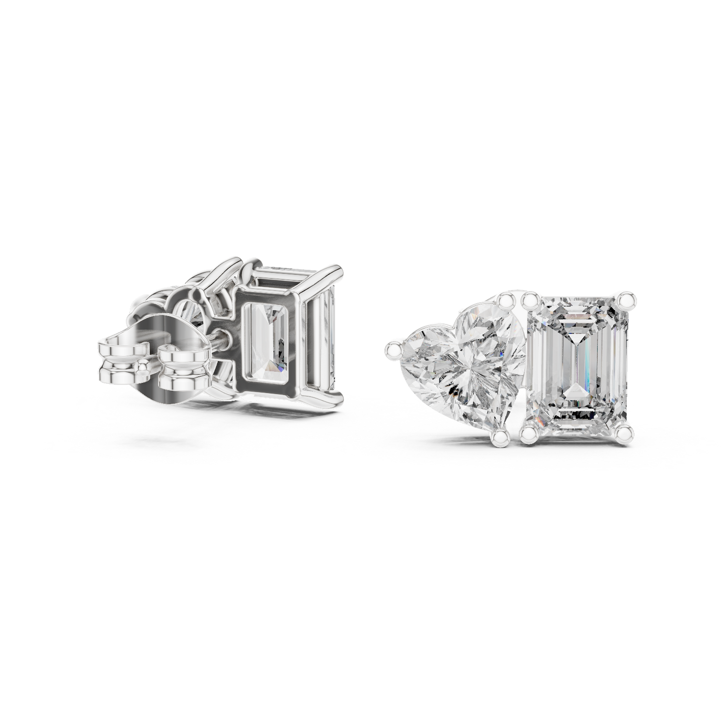 Exclusive Two-Stone Diamond Earrings | Heart & Emerald Cut Design - Couture Heart & Emerald Diamond Stud Earrings | Luxury Bridal Jewelry