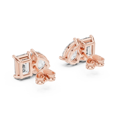 Two Stone Diamond Stud Earrings – Emerald Cut & Pear Cut Elegant Daily Luxury - Designer Emerald Cut Diamond Stud Earrings – Clean, Bold & Timeless