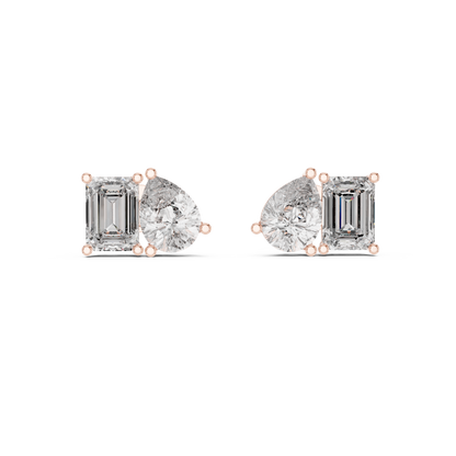 Two Stone Diamond Stud Earrings – Emerald Cut & Pear Cut Elegant Daily Luxury - Designer Emerald Cut Diamond Stud Earrings – Clean, Bold & Timeless