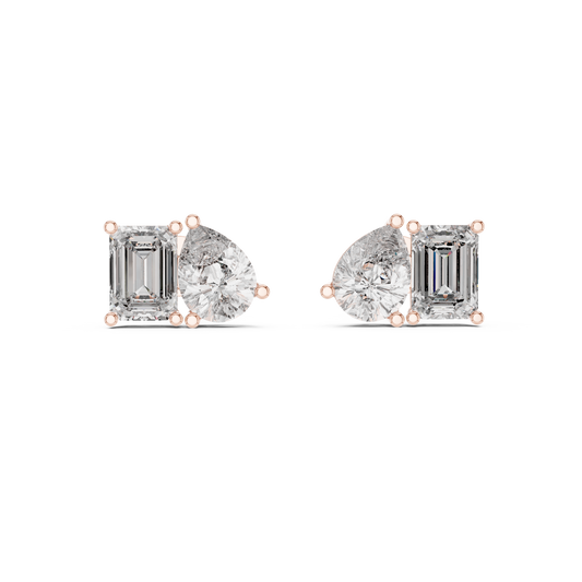 Two Stone Diamond Stud Earrings – Emerald Cut & Pear Cut Elegant Daily Luxury - Designer Emerald Cut Diamond Stud Earrings – Clean, Bold & Timeless