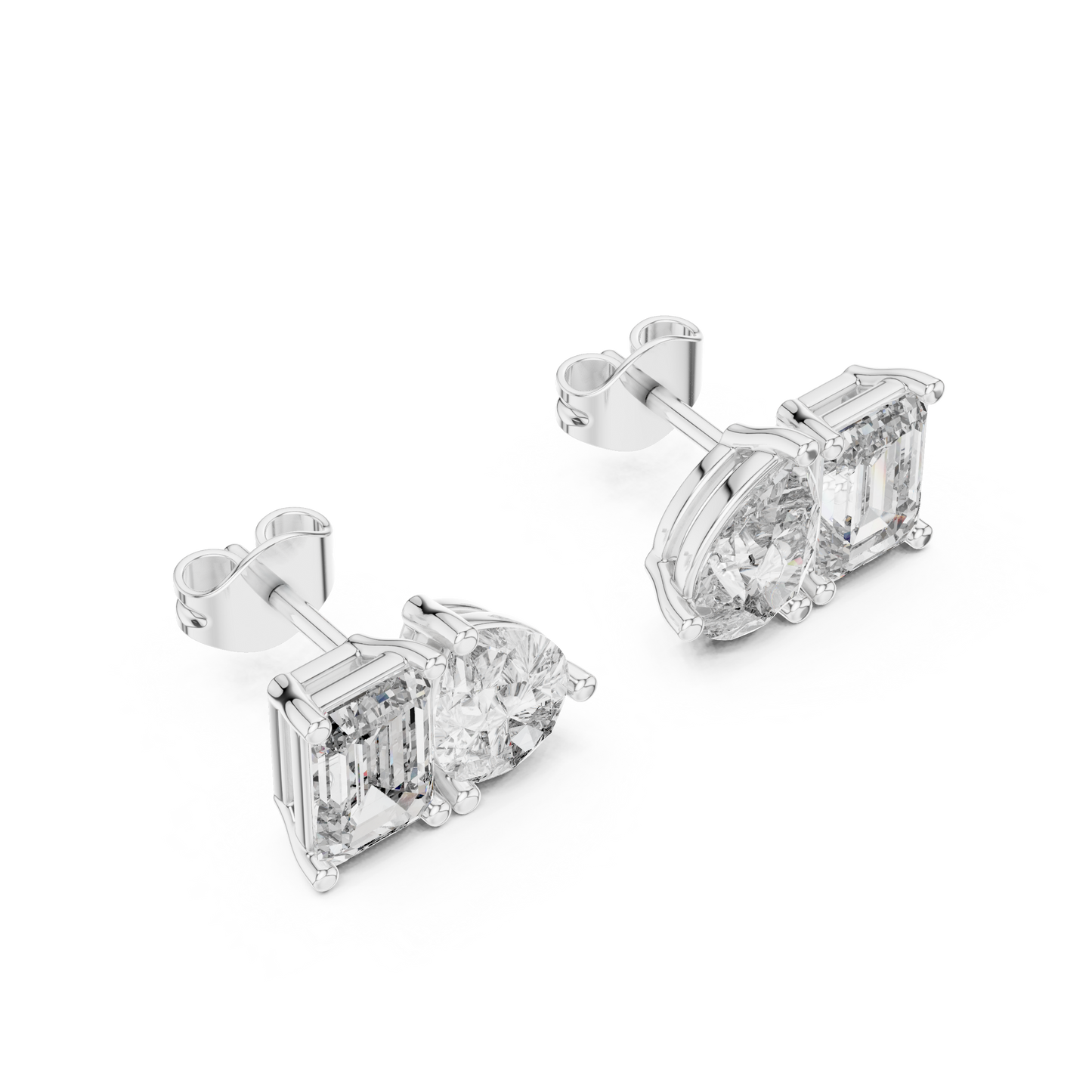 Two Stone Diamond Stud Earrings – Emerald Cut & Pear Cut Elegant Daily Luxury - Designer Emerald Cut Diamond Stud Earrings – Clean, Bold & Timeless