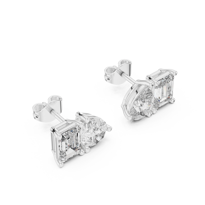 Two Stone Diamond Stud Earrings – Emerald Cut & Pear Cut Elegant Daily Luxury - Designer Emerald Cut Diamond Stud Earrings – Clean, Bold & Timeless