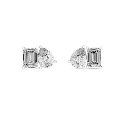 Two Stone Diamond Stud Earrings – Emerald Cut & Pear Cut Elegant Daily Luxury - Designer Emerald Cut Diamond Stud Earrings – Clean, Bold & Timeless