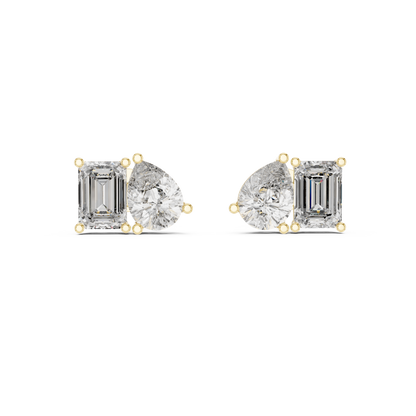 Two Stone Diamond Stud Earrings – Emerald Cut & Pear Cut Elegant Daily Luxury - Designer Emerald Cut Diamond Stud Earrings – Clean, Bold & Timeless