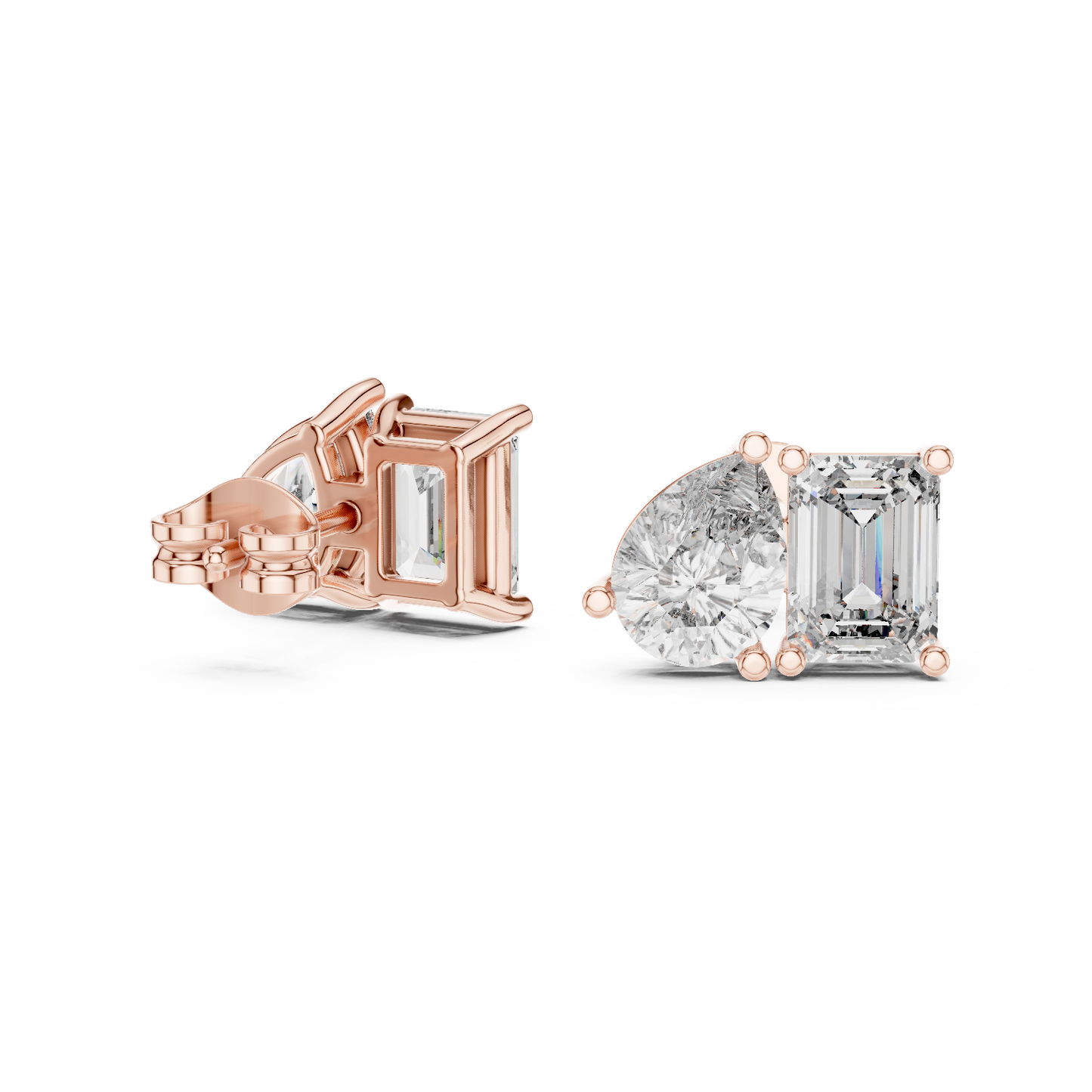 Two Stone Diamond Stud Earrings – Emerald Cut & Pear Cut Elegant Daily Luxury - Designer Emerald Cut Diamond Stud Earrings – Clean, Bold & Timeless