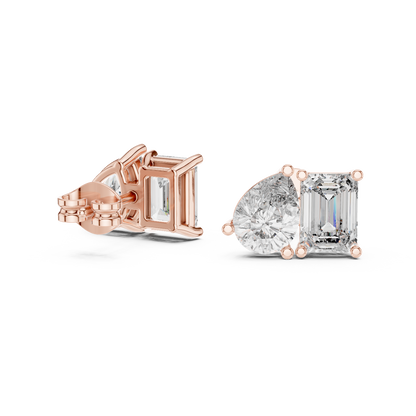 Two Stone Diamond Stud Earrings – Emerald Cut & Pear Cut Elegant Daily Luxury - Designer Emerald Cut Diamond Stud Earrings – Clean, Bold & Timeless