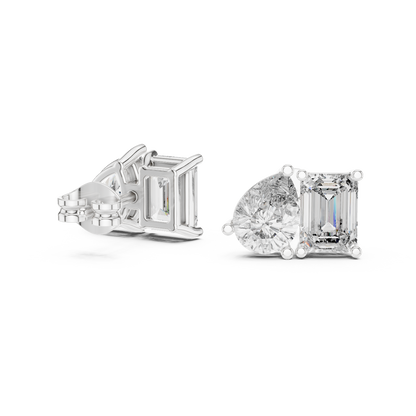 Two Stone Diamond Stud Earrings – Emerald Cut & Pear Cut Elegant Daily Luxury - Designer Emerald Cut Diamond Stud Earrings – Clean, Bold & Timeless