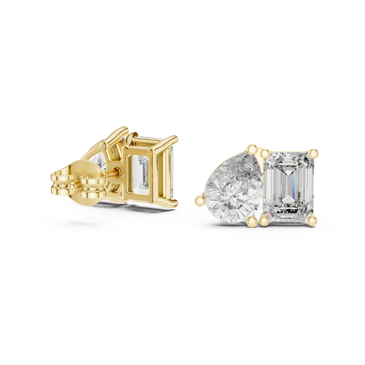 Two Stone Diamond Stud Earrings – Emerald Cut & Pear Cut Elegant Daily Luxury - Designer Emerald Cut Diamond Stud Earrings – Clean, Bold & Timeless