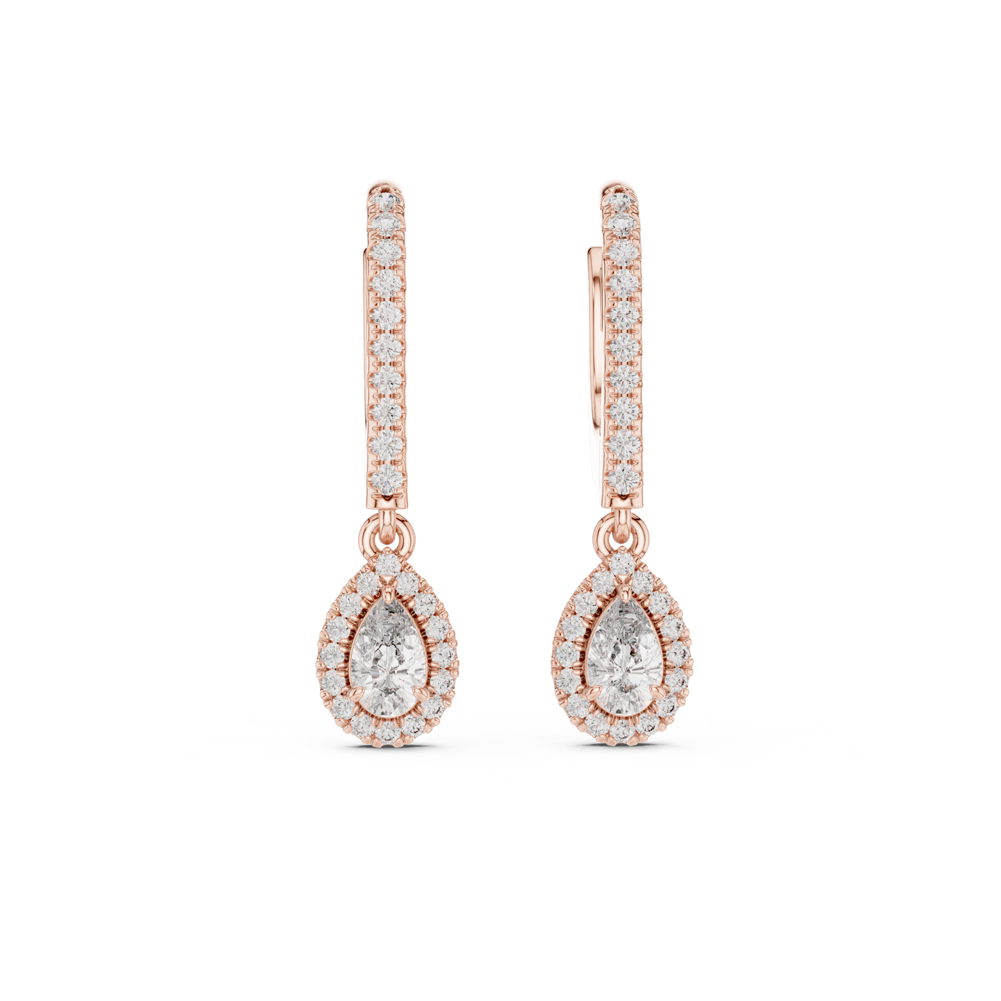 Pear Cut Diamond Drop Earrings in Silver– Luxury Halo Dangle Earrings for Women - Teardrop Diamond Halo Earrings – Bridal Lever Back Earrings in Silver Rose Plated