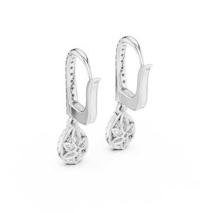 Pear Cut Diamond Drop Earrings in Silver– Luxury Halo Dangle Earrings for Women - Teardrop Diamond Halo Earrings – Bridal Lever Back Earrings in Silver Rose Plated