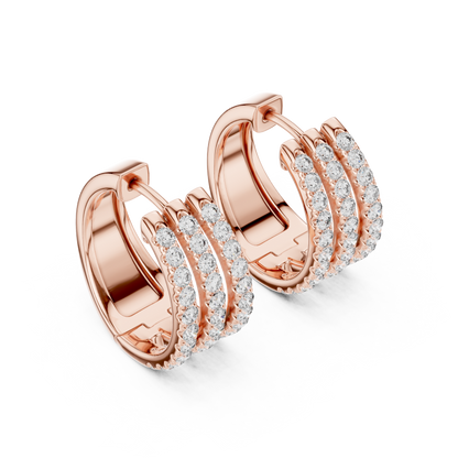 Luxury Triple Row Diamond Huggie Hoop Earrings in 14K Gold - Pavé Set Diamond Huggie Earrings – Minimalist Everyday Luxury - Rare Design Triple Line Diamond Hoop Earrings – Statement Luxury