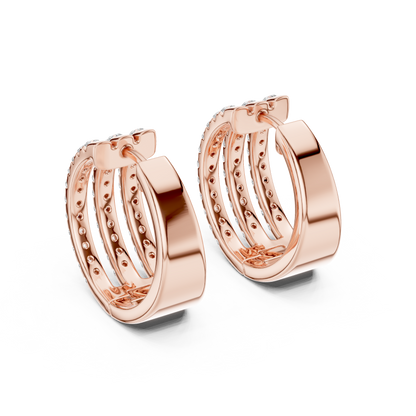 Luxury Triple Row Diamond Huggie Hoop Earrings in 14K Gold - Pavé Set Diamond Huggie Earrings – Minimalist Everyday Luxury - Rare Design Triple Line Diamond Hoop Earrings – Statement Luxury