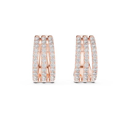 Luxury Triple Row Diamond Huggie Hoop Earrings in 14K Gold - Pavé Set Diamond Huggie Earrings – Minimalist Everyday Luxury - Rare Design Triple Line Diamond Hoop Earrings – Statement Luxury