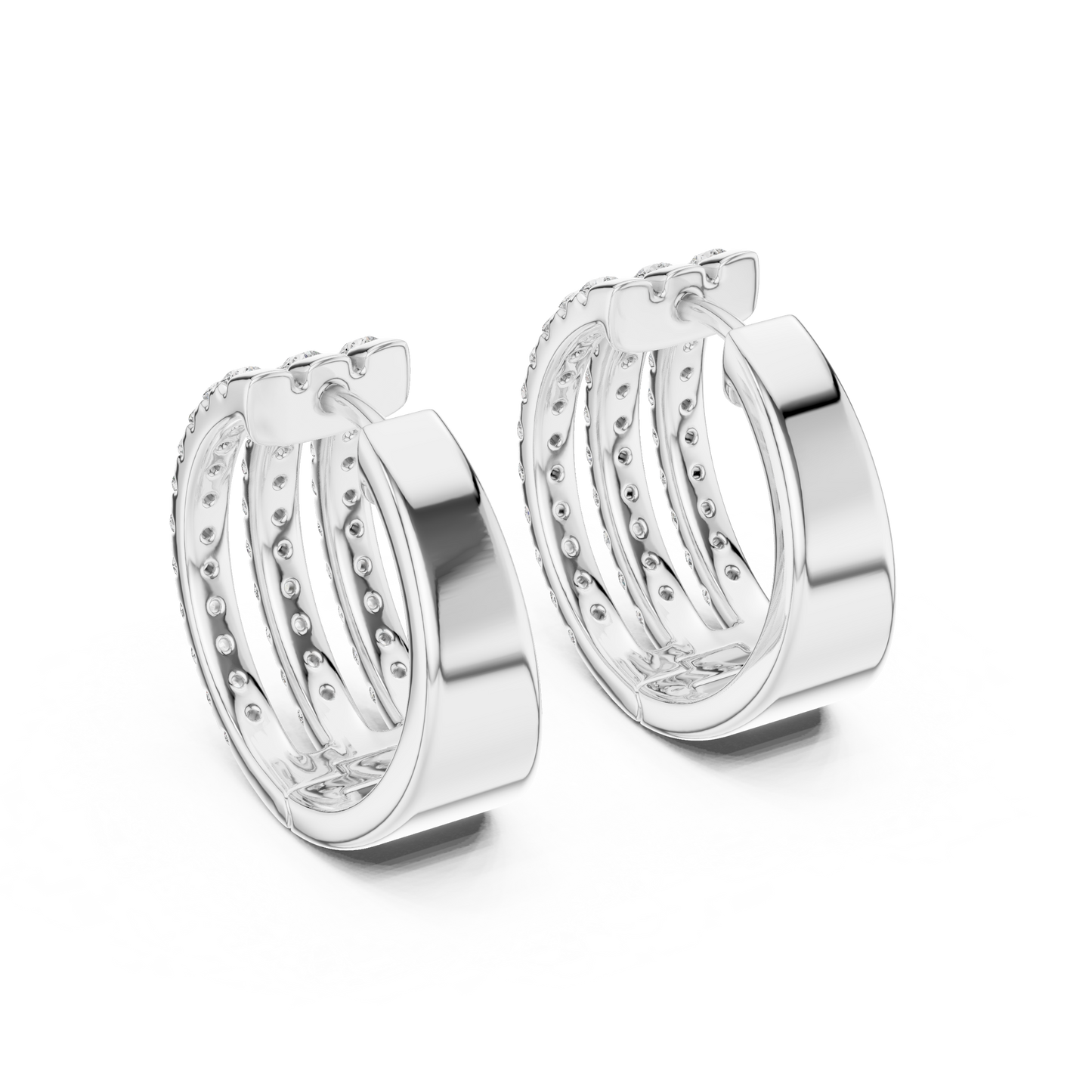 Luxury Triple Row Diamond Huggie Hoop Earrings in 14K Gold - Pavé Set Diamond Huggie Earrings – Minimalist Everyday Luxury - Rare Design Triple Line Diamond Hoop Earrings – Statement Luxury