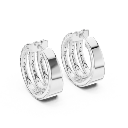 Luxury Triple Row Diamond Huggie Hoop Earrings in 14K Gold - Pavé Set Diamond Huggie Earrings – Minimalist Everyday Luxury - Rare Design Triple Line Diamond Hoop Earrings – Statement Luxury