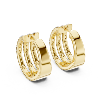 Luxury Triple Row Diamond Huggie Hoop Earrings in 14K Gold - Pavé Set Diamond Huggie Earrings – Minimalist Everyday Luxury - Rare Design Triple Line Diamond Hoop Earrings – Statement Luxury