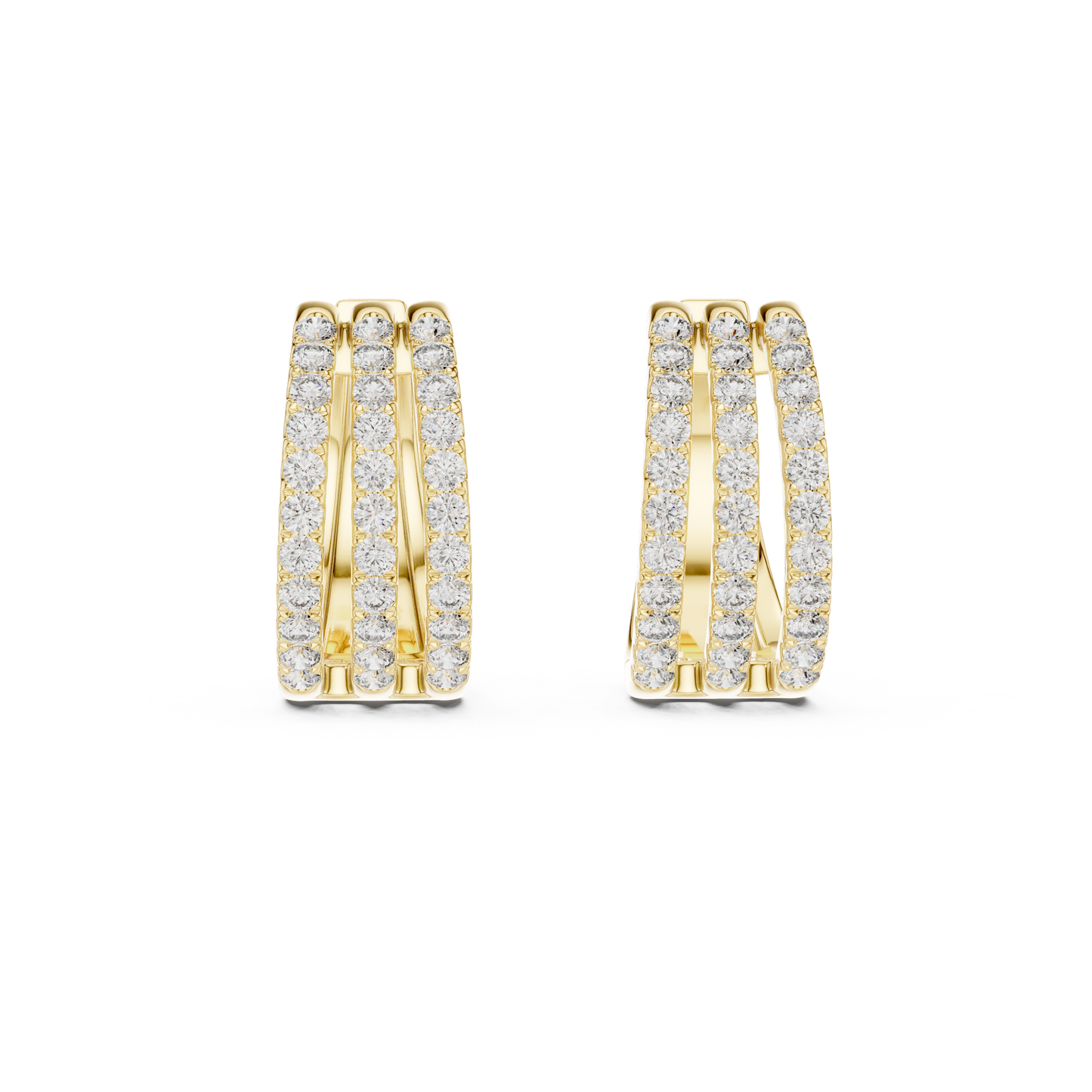 Luxury Triple Row Diamond Huggie Hoop Earrings in 14K Gold - Pavé Set Diamond Huggie Earrings – Minimalist Everyday Luxury - Rare Design Triple Line Diamond Hoop Earrings – Statement Luxury