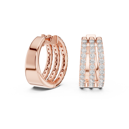 Luxury Triple Row Diamond Huggie Hoop Earrings in 14K Gold - Pavé Set Diamond Huggie Earrings – Minimalist Everyday Luxury - Rare Design Triple Line Diamond Hoop Earrings – Statement Luxury