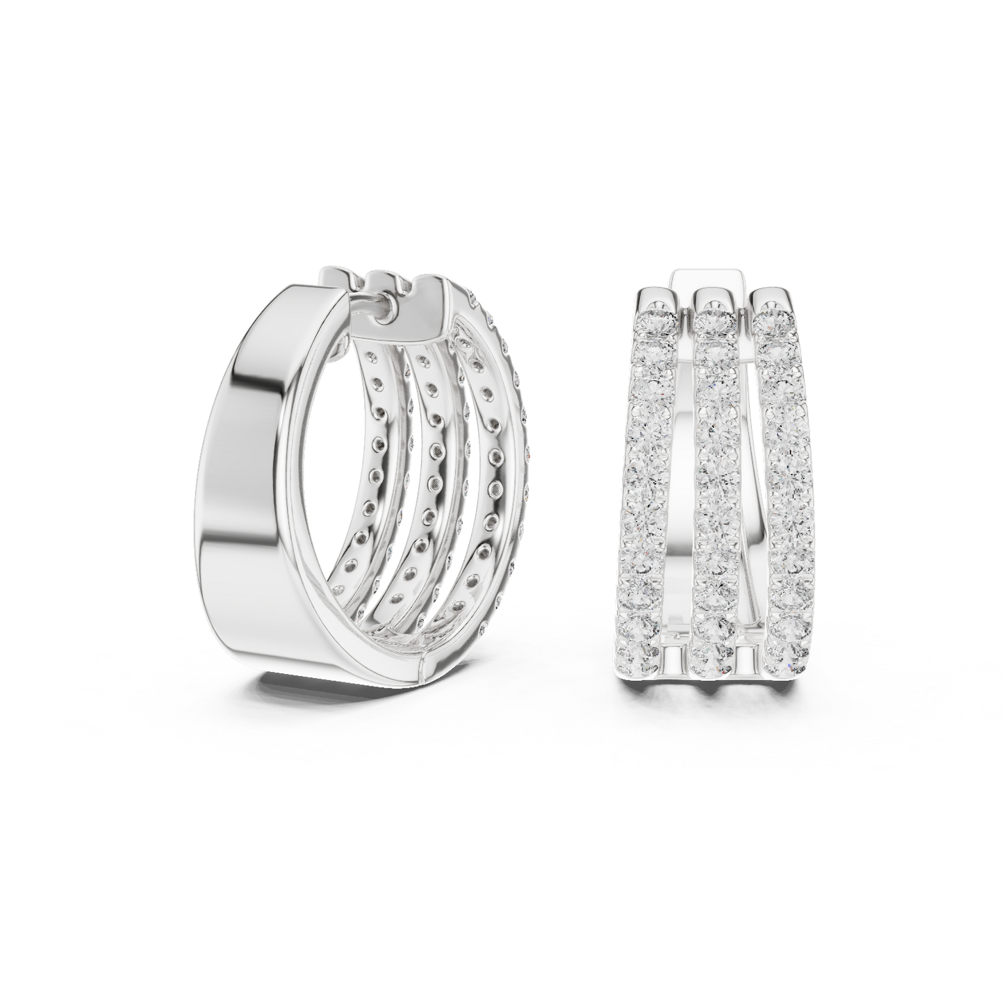 Luxury Triple Row Diamond Huggie Hoop Earrings in 14K Gold - Pavé Set Diamond Huggie Earrings – Minimalist Everyday Luxury - Rare Design Triple Line Diamond Hoop Earrings – Statement Luxury