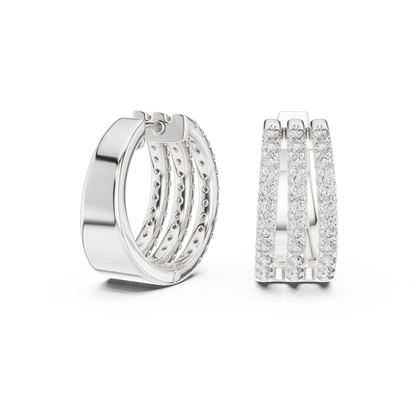 Luxury Triple Row Diamond Huggie Hoop Earrings in 14K Gold - Pavé Set Diamond Huggie Earrings – Minimalist Everyday Luxury - Rare Design Triple Line Diamond Hoop Earrings – Statement Luxury