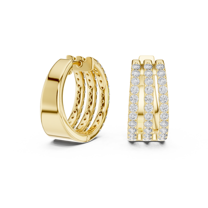 Luxury Triple Row Diamond Huggie Hoop Earrings in 14K Gold - Pavé Set Diamond Huggie Earrings – Minimalist Everyday Luxury - Rare Design Triple Line Diamond Hoop Earrings – Statement Luxury