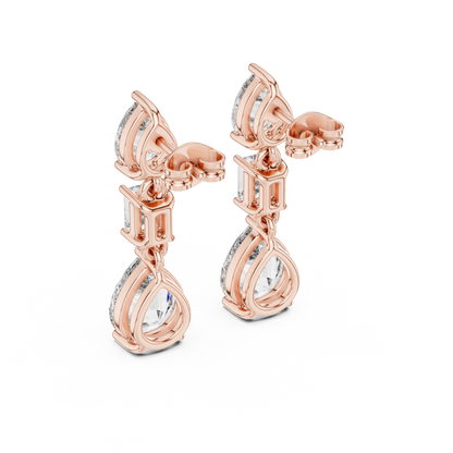 Pear & Emerald Cut Diamond Drop Earrings – Luxury Bridal Three Stone Dangle Earrings - Heritage Pear Diamond Dangle Earrings – Elevated Three Stone Design
