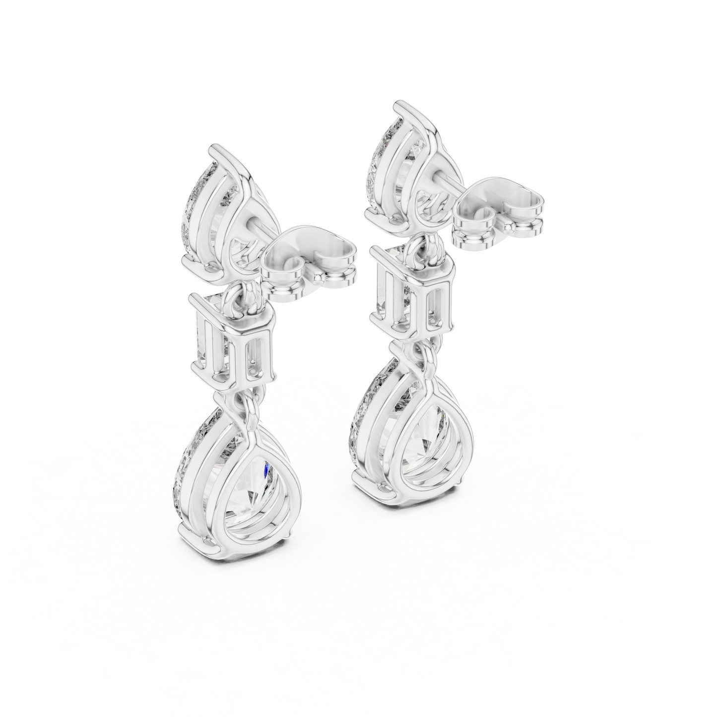 Pear & Emerald Cut Diamond Drop Earrings – Luxury Bridal Three Stone Dangle Earrings - Heritage Pear Diamond Dangle Earrings – Elevated Three Stone Design