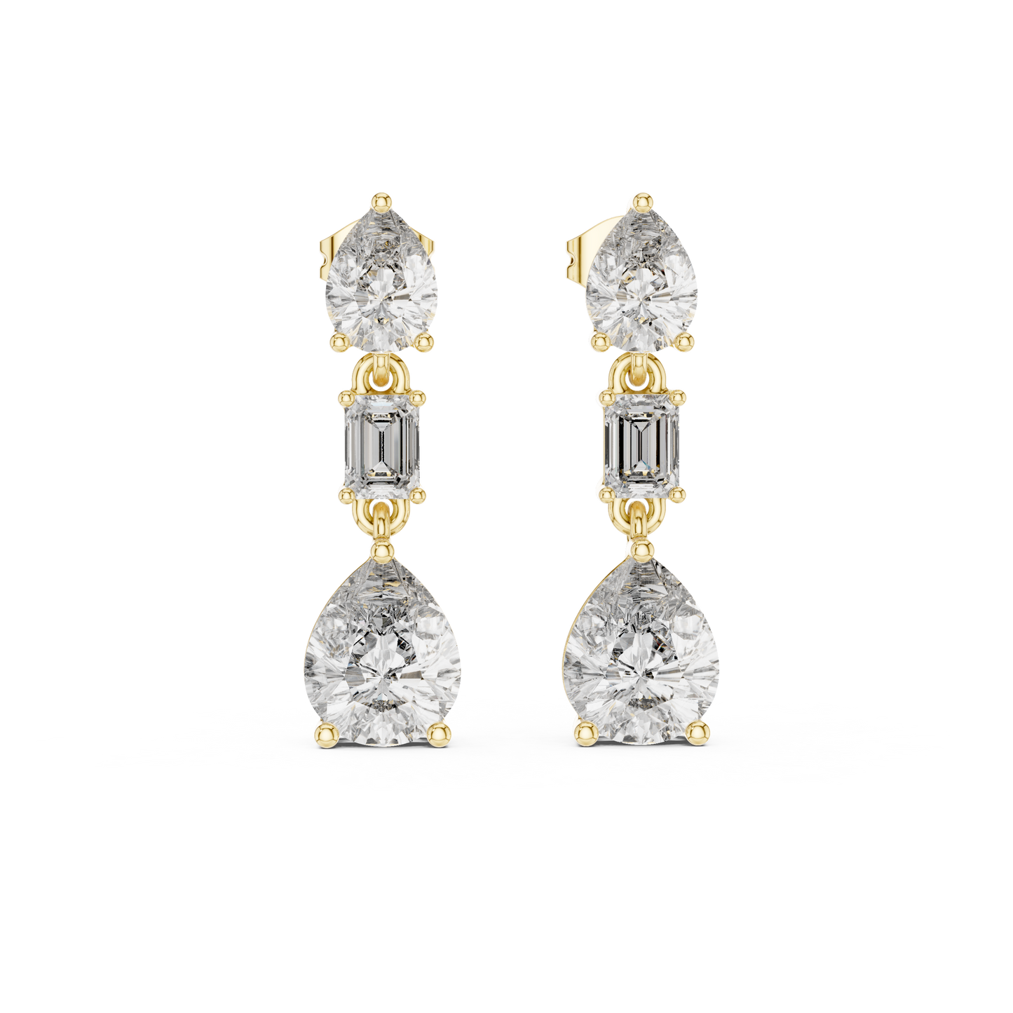 Pear & Emerald Cut Diamond Drop Earrings – Luxury Bridal Three Stone Dangle Earrings - Heritage Pear Diamond Dangle Earrings – Elevated Three Stone Design