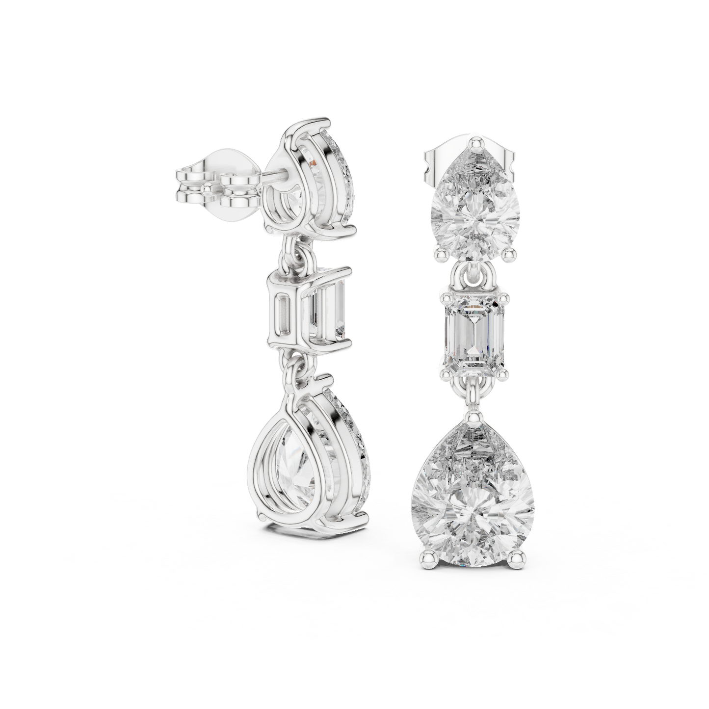 Pear & Emerald Cut Diamond Drop Earrings – Luxury Bridal Three Stone Dangle Earrings - Heritage Pear Diamond Dangle Earrings – Elevated Three Stone Design