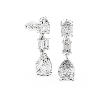 Pear & Emerald Cut Diamond Drop Earrings – Luxury Bridal Three Stone Dangle Earrings - Heritage Pear Diamond Dangle Earrings – Elevated Three Stone Design