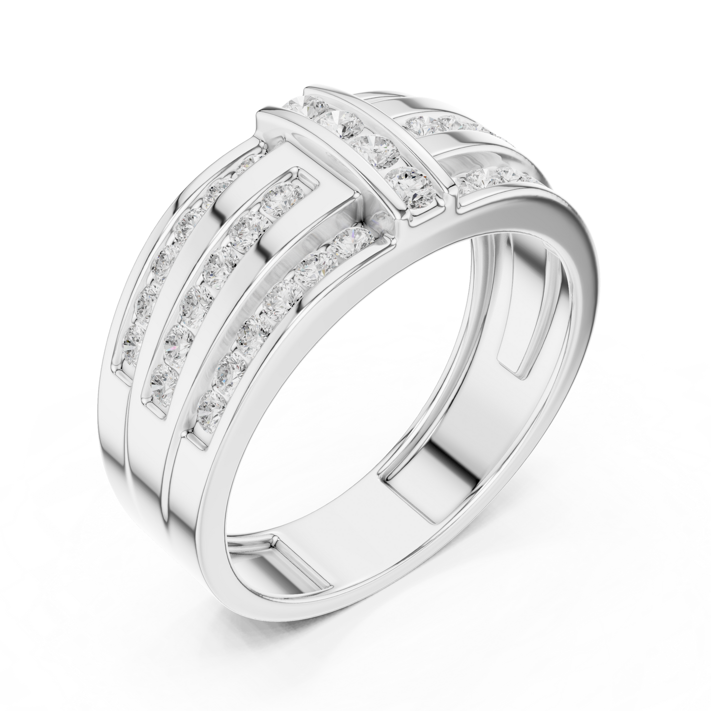 Precision Diamond Statement Band | Elite Men Wedding Ring | Triple Channel Pave Silver Design