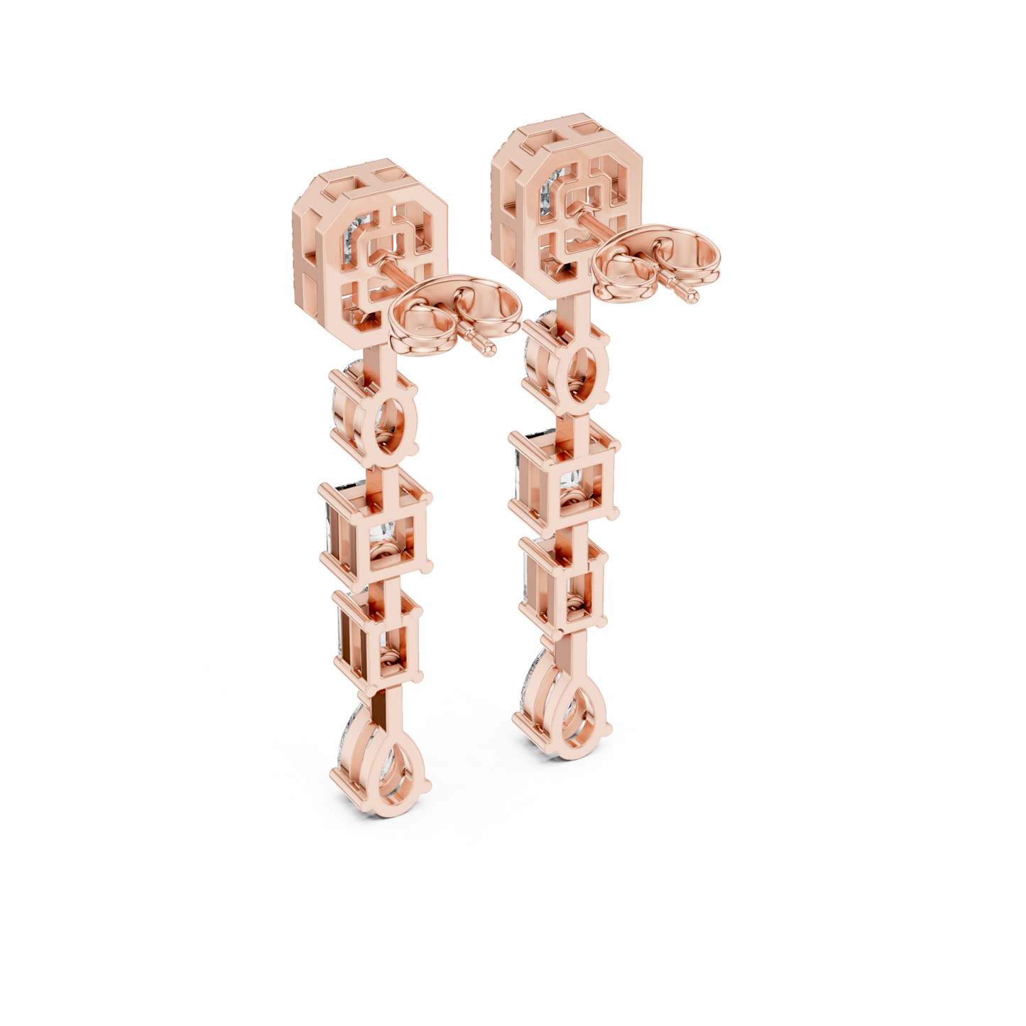 Emerald Cut Diamond Long Drop Earrings in 14K Gold | Luxury Geometric Bridal Dangle Earrings - Multi Shape Diamond Drop Earrings | Emerald Oval Pear Cut Statement Earrings for Women