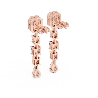 Emerald Cut Diamond Long Drop Earrings in 14K Gold | Luxury Geometric Bridal Dangle Earrings - Multi Shape Diamond Drop Earrings | Emerald Oval Pear Cut Statement Earrings for Women