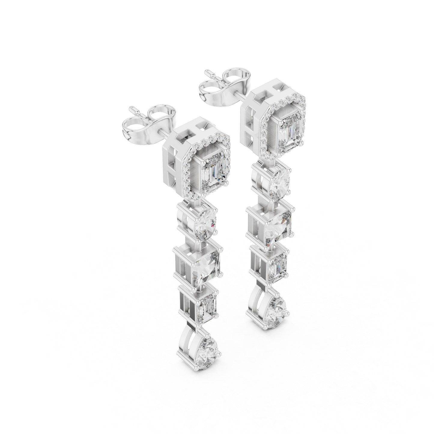 Emerald Cut Diamond Long Drop Earrings in 14K Gold | Luxury Geometric Bridal Dangle Earrings - Multi Shape Diamond Drop Earrings | Emerald Oval Pear Cut Statement Earrings for Women