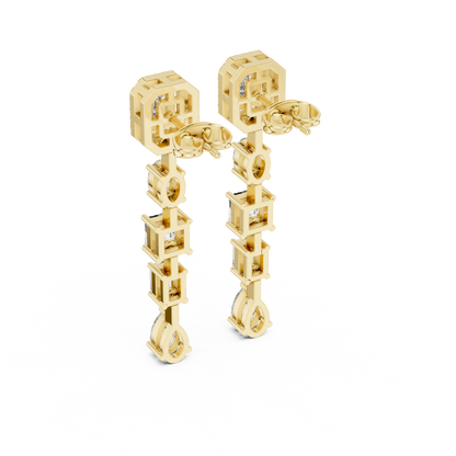 Emerald Cut Diamond Long Drop Earrings in 14K Gold | Luxury Geometric Bridal Dangle Earrings - Multi Shape Diamond Drop Earrings | Emerald Oval Pear Cut Statement Earrings for Women