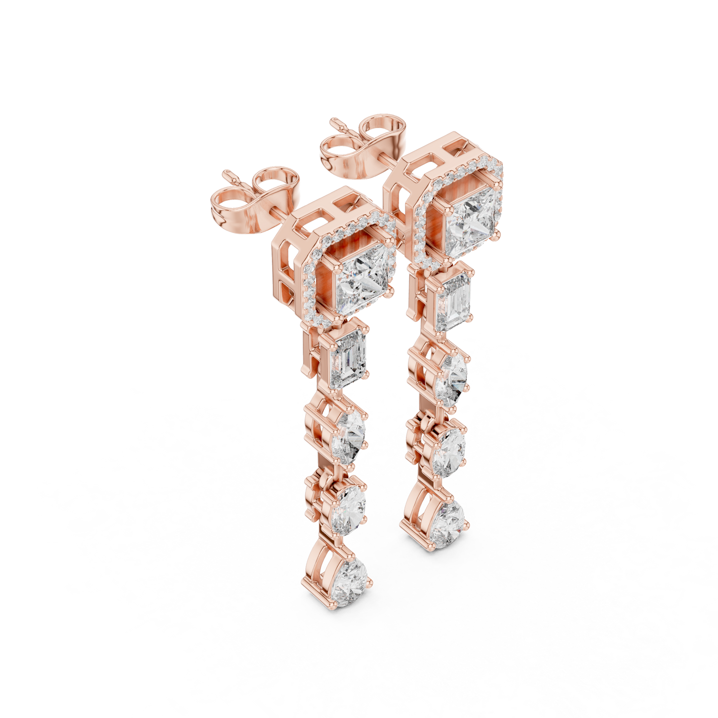 Princess Cut Diamond Long Drop Earrings | Luxury Halo Dangle Earrings for Wedding & Evening Wear - Emerald & Pear Cut Diamond Dangle Earrings | Statement Bridal Drop Earrings in Silver Gold Plated