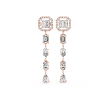 Princess Cut Diamond Long Drop Earrings | Luxury Halo Dangle Earrings for Wedding & Evening Wear - Emerald & Pear Cut Diamond Dangle Earrings | Statement Bridal Drop Earrings in Silver Gold Plated