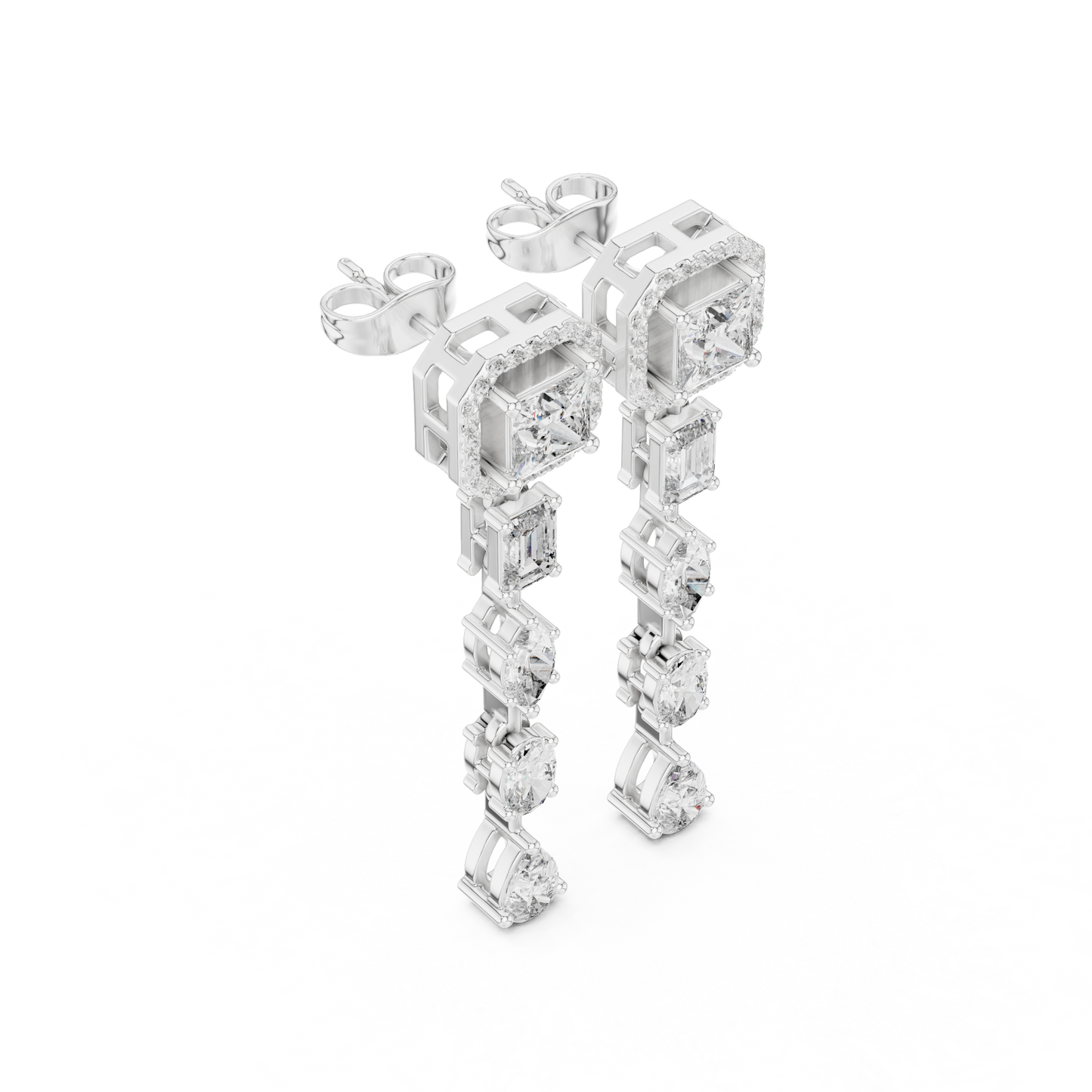 Princess Cut Diamond Long Drop Earrings | Luxury Halo Dangle Earrings for Wedding & Evening Wear - Emerald & Pear Cut Diamond Dangle Earrings | Statement Bridal Drop Earrings in Silver Gold Plated