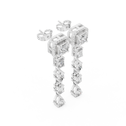 Princess Cut Diamond Long Drop Earrings | Luxury Halo Dangle Earrings for Wedding & Evening Wear - Emerald & Pear Cut Diamond Dangle Earrings | Statement Bridal Drop Earrings in Silver Gold Plated