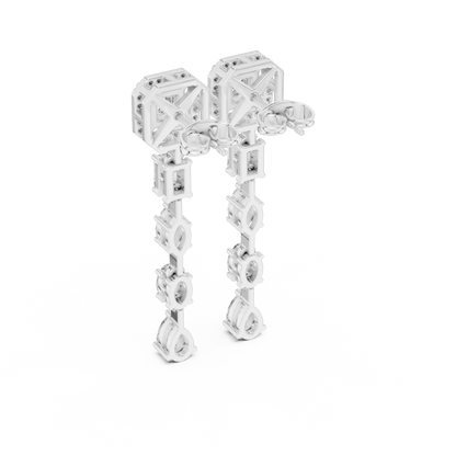 Princess Cut Diamond Long Drop Earrings | Luxury Halo Dangle Earrings for Wedding & Evening Wear - Emerald & Pear Cut Diamond Dangle Earrings | Statement Bridal Drop Earrings in Silver Gold Plated