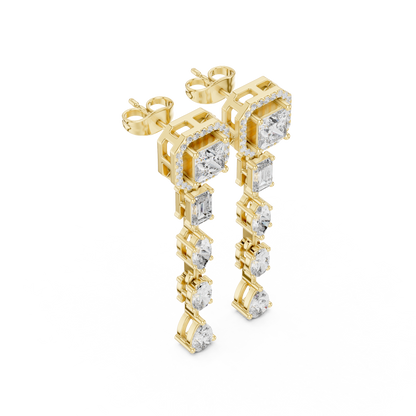 Princess Cut Diamond Long Drop Earrings | Luxury Halo Dangle Earrings for Wedding & Evening Wear - Emerald & Pear Cut Diamond Dangle Earrings | Statement Bridal Drop Earrings in Silver Gold Plated