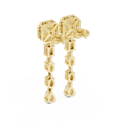 Princess Cut Diamond Long Drop Earrings | Luxury Halo Dangle Earrings for Wedding & Evening Wear - Emerald & Pear Cut Diamond Dangle Earrings | Statement Bridal Drop Earrings in Silver Gold Plated