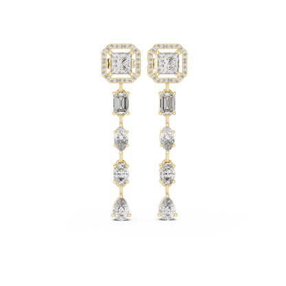 Princess Cut Diamond Long Drop Earrings | Luxury Halo Dangle Earrings for Wedding & Evening Wear - Emerald & Pear Cut Diamond Dangle Earrings | Statement Bridal Drop Earrings in Silver Gold Plated