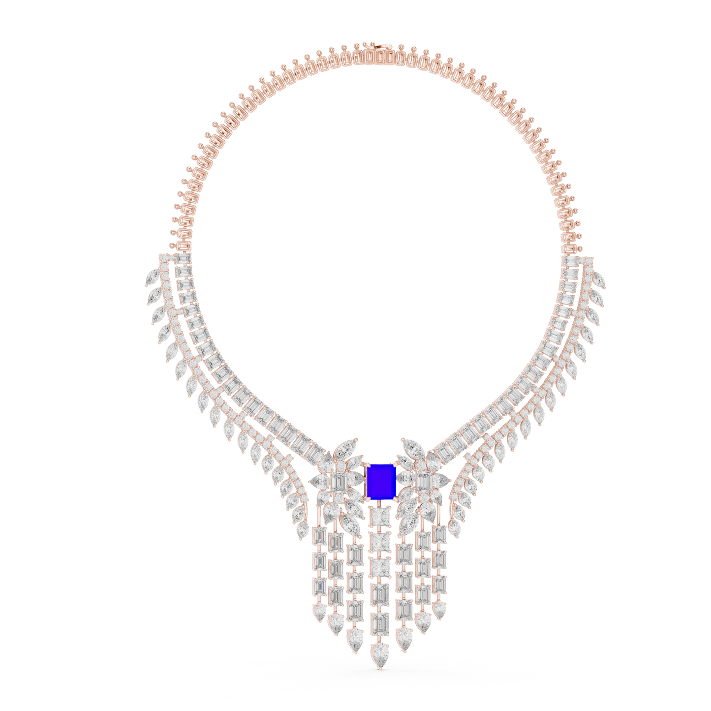 Grand Royal Diamond Necklace - Emerald Cut Detailing - High End Bridal Couture Jewelry