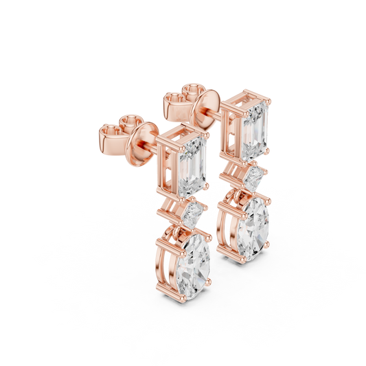 Lab Grown Diamond Drop Earrings | Emerald Cut & Oval Cut Luxury Earrings | Emerald Cut Diamond Earrings | Anniversary Gift Rose Gold Jewelry