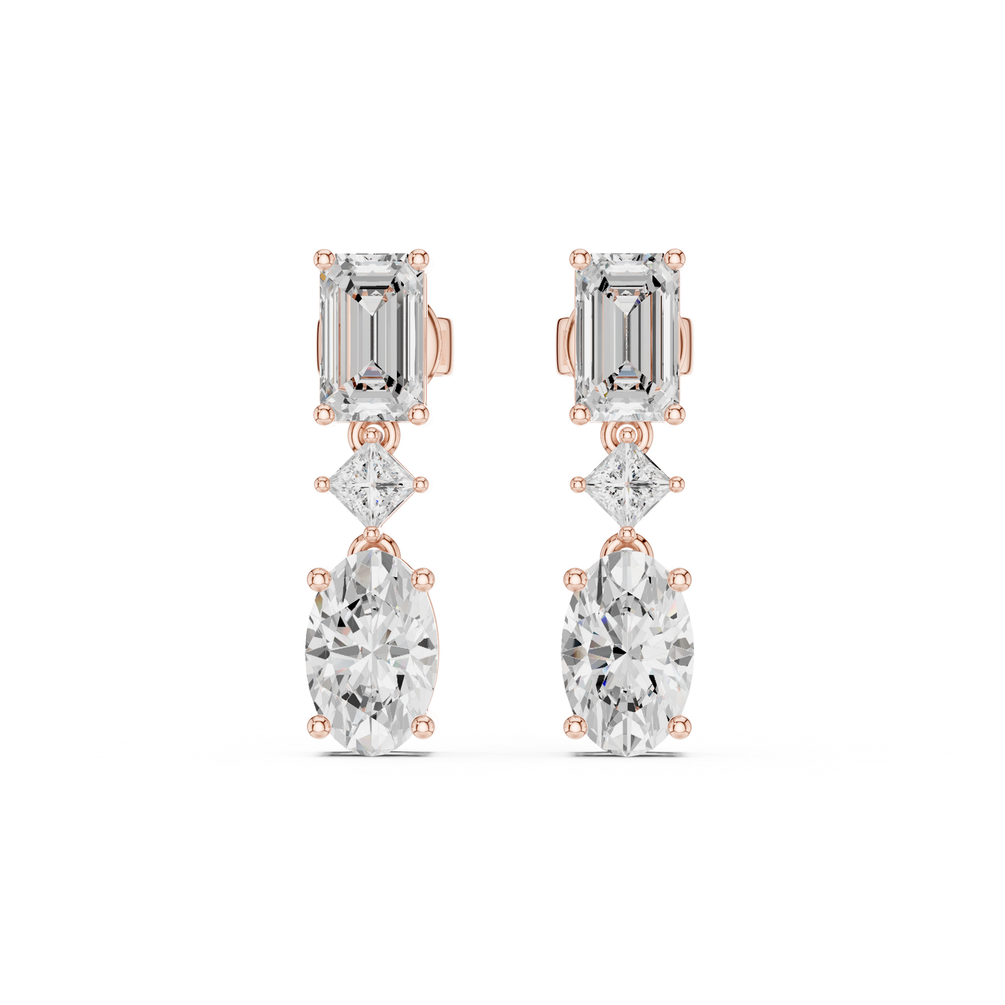 Moissanite Diamond  Drop Earrings | Emerald Cut & Oval Cut Luxury Earrings | Emerald Cut Diamond Earrings | Anniversary Gift Silver Rose Plated Jewelry