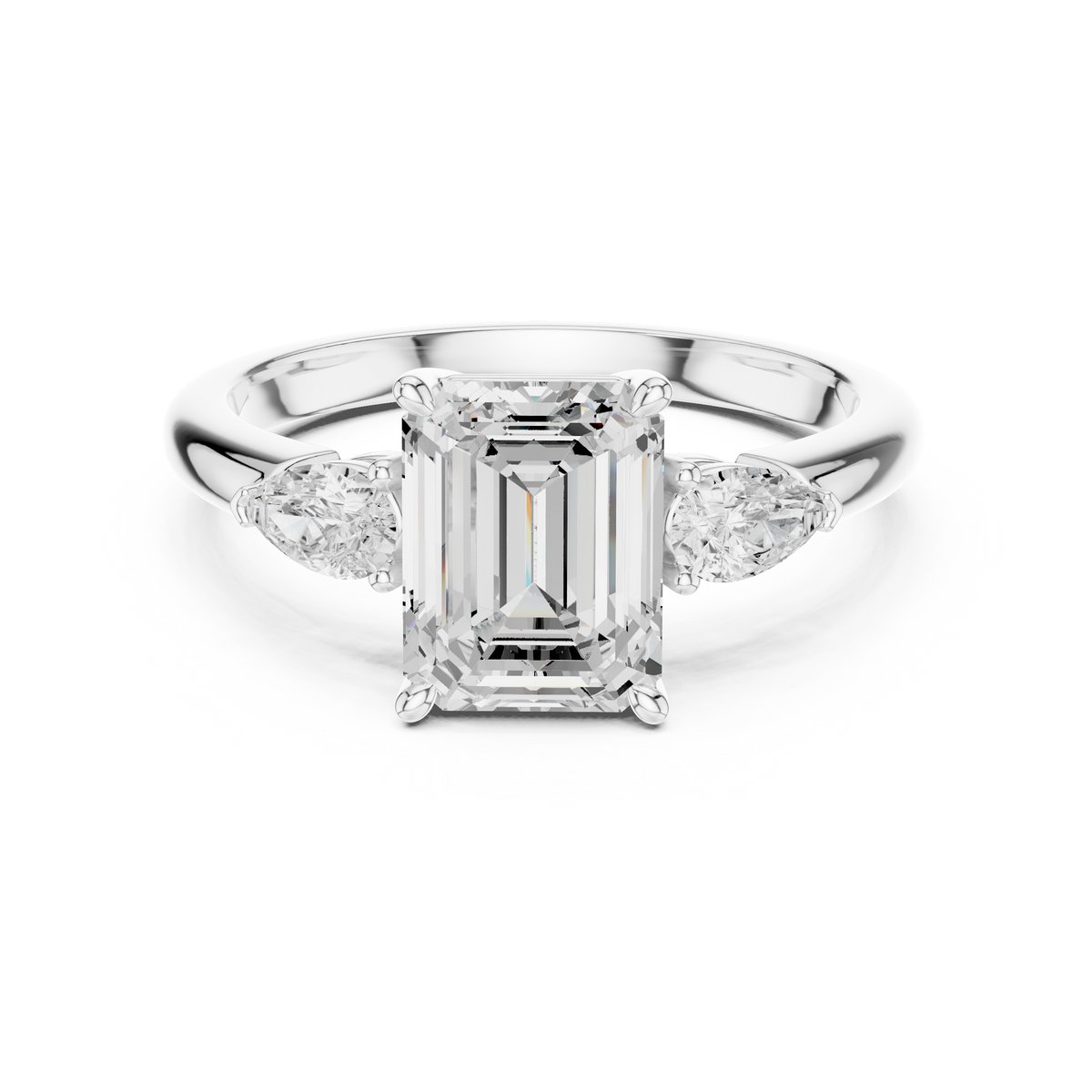 Hand model wearing a 14K gold emerald cut three stone engagement ring in size US 7 showcasing natural finger proportions and high luster brilliant diamond reflection.